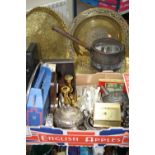 A BOX AND LOOSE SUNDRY ITEMS, to include brass, plated, beer, clock etc