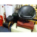 A RETRO SWIVEL TUB CHAIR, a similar armchair and a stool (3)