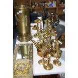 VARIOUS BRASSWARES, to include candlesticks, kettle, mirror, stick stand etc (12)