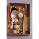 SUNDRIES, to include a nautilus shell spoon, netsukes, napkin rings, frame, lidded pots, etc