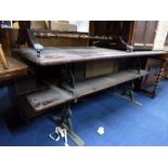 AN EARLY 20TH CENTURY PAINTED CAST IRON RAILWAY PLATFORM BENCH/TABLE, approximate size width 183cm x