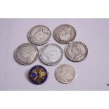 SIX VARIOUS COINS, including four Victorian and two Georgian and a Victorian coin brooch (7)