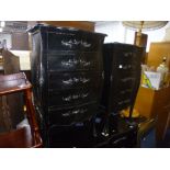 A PAIR OF FRENCH STYLE SLIM BLACK CHESTS OF FIVE LONG DRAWERS (sd, missing handle)