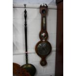 A 19TH CENTURY ROSEWOOD BAROMETER, and a copper and brass warming pan (sd) (2)