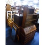 A MODERN OAK BUREAU, bookcase, commode, various ceiling and table lamps, etc