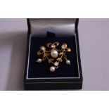 A LATE 20TH CENTURY AKOYA CULTURED PEARL AND DIAMOND BROOCH PENDANT, fancy bow, foliate and swag