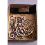 A BOX OF MIXED COSTUME JEWELLERY, etc