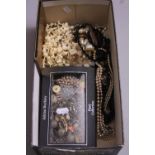 A BOX OF MIXED COSTUME JEWELLERY, etc