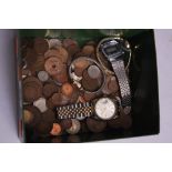 A BOX OF MIXED HALF PENNIES, new pennies and four watches