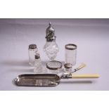 SILVER TOPPED GLASS DRESSING TABLE POTS, silver collared scent bottle, silver coloured crumb tray,