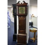 AN OAK LONGCASE CLOCK, the 12' square brass dial, having Roman and Arabic numeral rings with Bell