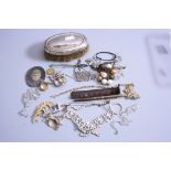 A BOX OF MISCELLANEOUS JEWELLERY, including silver hair brush, etc