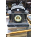 A VICTORIAN BLACK SLATE MANTEL CLOCK, (for restoration) (pendulum)