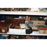 FIVE BOXES AND SUITCASE OF BOOKS, RECORDS, SUNDRIES, MIRROR, DAUGHTSMAN INSTRUMENTS, etc