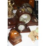 THREE MANTEL CLOCKS, (one with pendulum), together with oak lift top barrel cigarette box, Reg No.