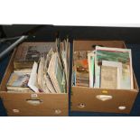 A LARGE COLLECTION OF MAGAZINES, SCRPBOOKS, PRESS CUTTINGS AND POSTCARD ALBUMS IN TWO BOXES,
