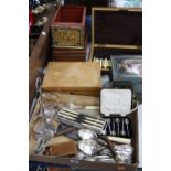 VARIOUS SUNDRIES, to include cased silver teaspoons, cutlery, work box, two corkscrews etc