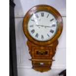 A 19TH CENTURY INLAID WALL CLOCK (pendulum and key)