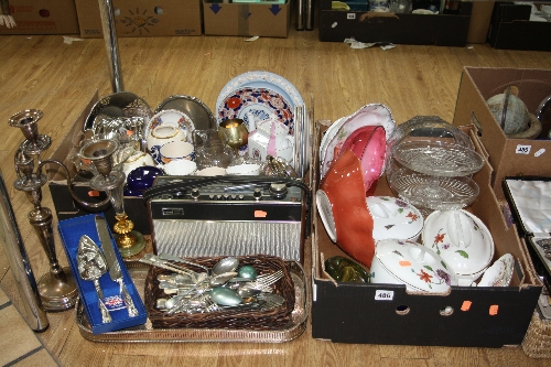 TWO BOXES OF CERAMICS, GLASS, SILVER PLATE, ROBERTS R707 RADIO, TRAY OF CUTLERY, etc