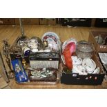 TWO BOXES OF CERAMICS, GLASS, SILVER PLATE, ROBERTS R707 RADIO, TRAY OF CUTLERY, etc