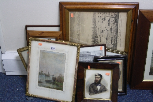 PICTURES AND PRINTS, to include a mid 19th Century watercolour, portrait of a man, in walnut