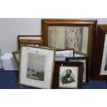 PICTURES AND PRINTS, to include a mid 19th Century watercolour, portrait of a man, in walnut
