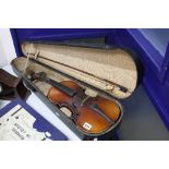 A CASED VIOLIN AND BOW, unmarked