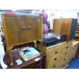 A PANASONIC SG-3090L TURNTABLE, a pair of Goodmans Magnum K2 speakers and a walnut record cabinet