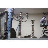 A PAIR OF SILVER PLATED THREE BRANCH CANDELABRA, acanthus leaf decoration (2)