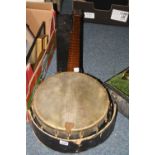 A CASED FIVE STRING OPEN BACK BANJO, 11 1/2' skin