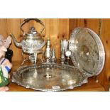 A SMALL QUANTITY OF SILVER PLATE, including a spirit kettle on stand (8)