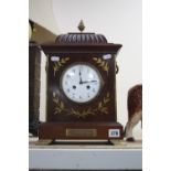 AN EDWARDIAN MAHOGANY AND BRASS INLAID BRACKET CLOCK, Pineapple finial, enamel dial, Arabic