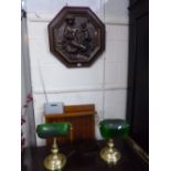 AN OCTAGONAL BRONZE EFFECT WALL PLAQUE, 'Mother and Child', a pair of brass reading lamps and a wall