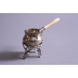 A VICTORIAN SILVER MINIATURE TODDY PAN ON STAND, the pan with turned ivory handle, the base