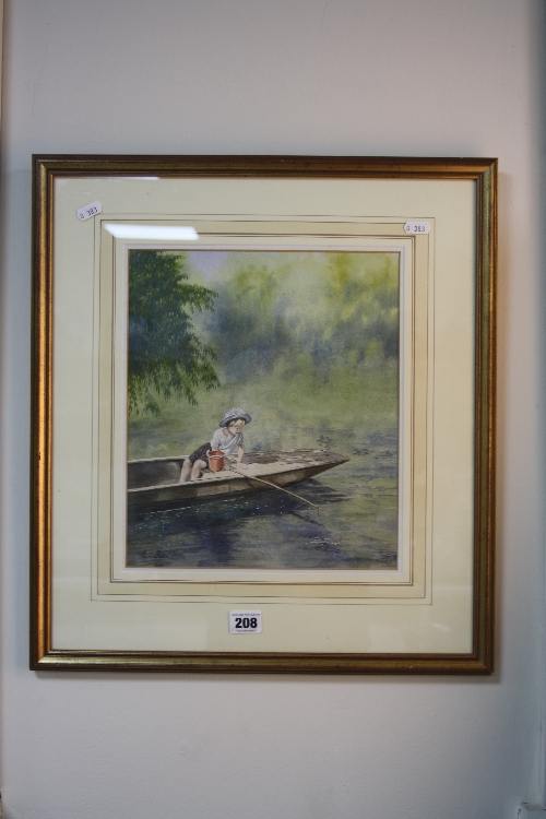 BOLAN, SEAN (b.1948), watercolour, 'Gone Fishing', young boy in boat, signed lower left, gallery
