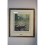 BOLAN, SEAN (b.1948), watercolour, 'Gone Fishing', young boy in boat, signed lower left, gallery