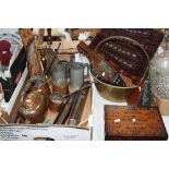 A BOX OF METALWARE AND WOODEN ITEMS, brass jam pan, metalware, bellows, mats, Victorian work box