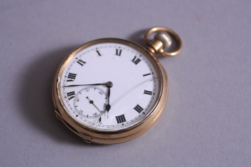 A 9CT HALF HUNTER POCKET WATCH, with secondary dial, dust cover 9ct, (cracked glass) approximate