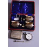 A CASED SET OF LATE VICTORIAN SILVER SALTS, gilt lined, oval gadrooned form, maker Mitchell Bosley &