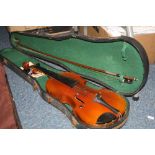 A 20TH CENTURY VIOLIN, two piece back, bears paper label facsimile Stradivarius, together with a