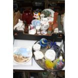 A BOX OF CERAMICS, GLASS, SILVER PLATED TRAY AND PAPERWEIGHTS, BOXED AGRICULTURAL PLATE