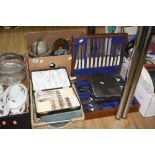 A BOX OF SILVER PLATE, CASED AND LOOSE CUTLERY, etc