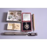 A BOX OF MIXED SILVER ITEMS, etc, to include whistle, fob, rings, etc and a rolled gold pencil