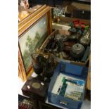 A PAIR OF GILT FRAMED PRINTS, box of metalwares, etc, a pair of Victorian bronze finish ewers, brass