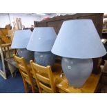 THREE LARGE BULBOUS BLUE TABLE LAMPS, with shades