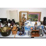 A QUANTITY OF METALWARES, CERAMICS, GLASSWARES, PICTURES AND PRINTS, including a silver napkin ring,