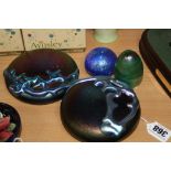 TWO NEO ART STYLE GLASS PAPERWEIGHTS, and two other iridescent paperweights (4)