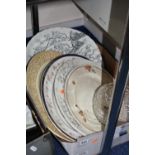 A BOX OF VICTORIAN AND 20TH CENTURY MEAT PLATES AND A GLASS BOWL