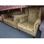 A RE-UPHOLSTERED TWO SEATER SETTEE, and a matching wing back armchair (2)