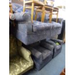 AN UPHOLSTERED BLUE THREE PIECE SUITE, comprising of a two seater bed/settee and a pair of armchair